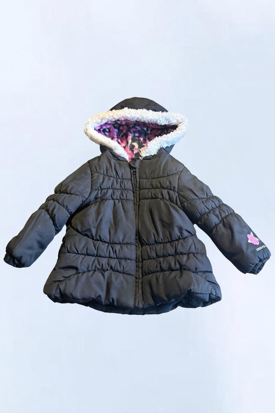 London Fog Baby Girls Size 18M Black Quilted Winter Puffer Coat Sherpa Hood